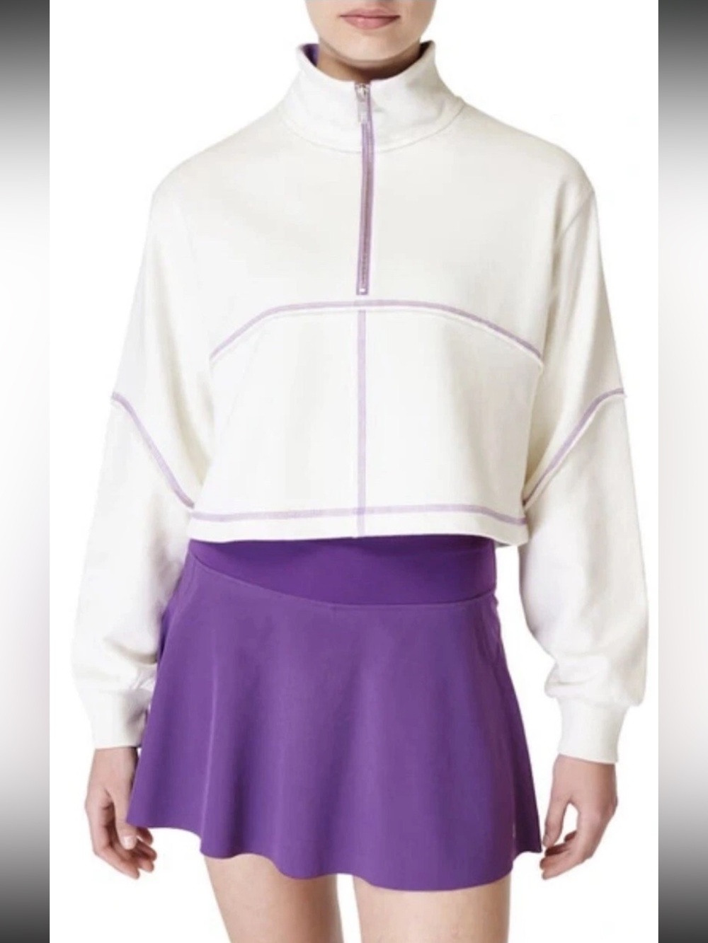 Sweaty Betty Revive Half Zip Cropped Sweatshirt Ivory Lavender Size Small